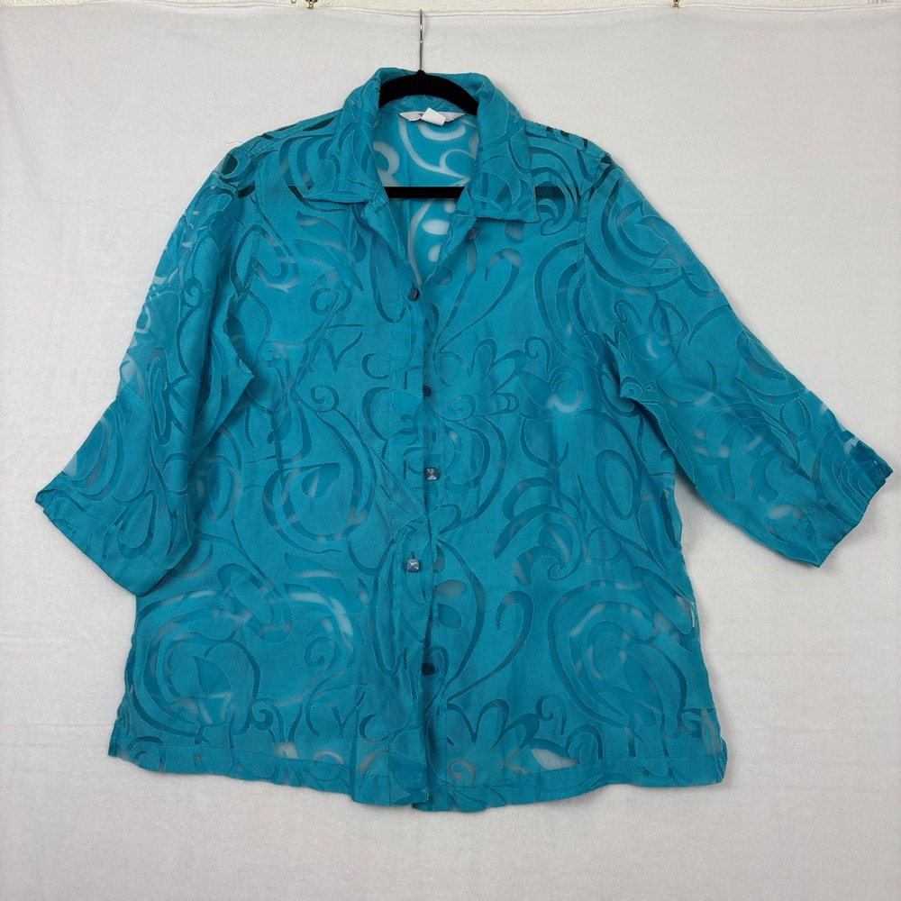 Tanjay Women Blue Floral Burnout Blouse Size 16 3/4 Sleeve Button Front Top B1